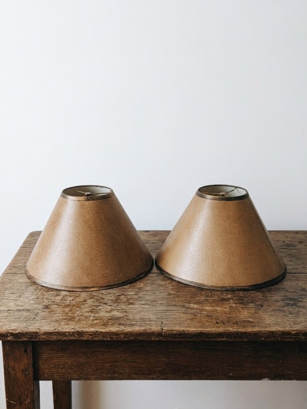 Pair of Vintage Faux Leather Lamp Shades Large Brown Empire Parchment Paper 11"